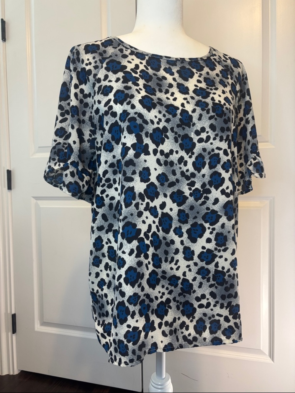 MTS Blue and Black Leopard-Print Short Sleeve Blouse